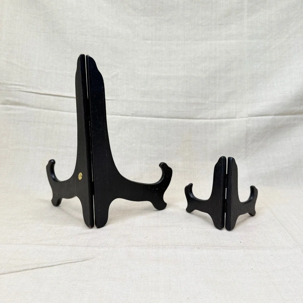 Vintage Folding Wood Display Easels Set of 2 Black Plate Stands Frame Holders